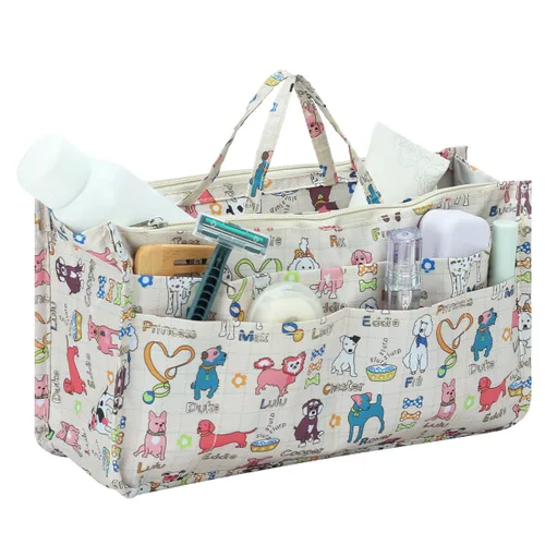 Vista 9 de Micom Organizador de cosméticos extensible, con estampado, asas, 13 bolsillos, para cartera de mujer, L, Azul (Blue Flower)