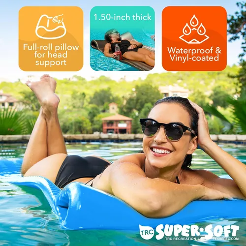 Vista 6 de TRC Recreation Serenity 1.5” Thick Vinyl Coated Foam Swimming Pool Float Mat Adult Lounger with Built-in Roll Pillow