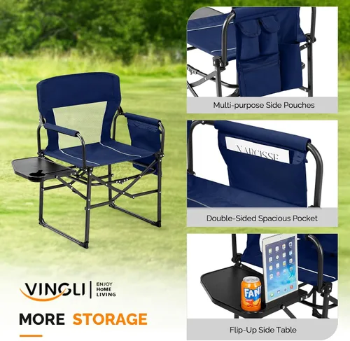 Vista 4 de VINGLI Sillas de campamento, silla de directores, silla de camping con mesa auxiliar y bolsa de transporte, sillas de campamento resistentes