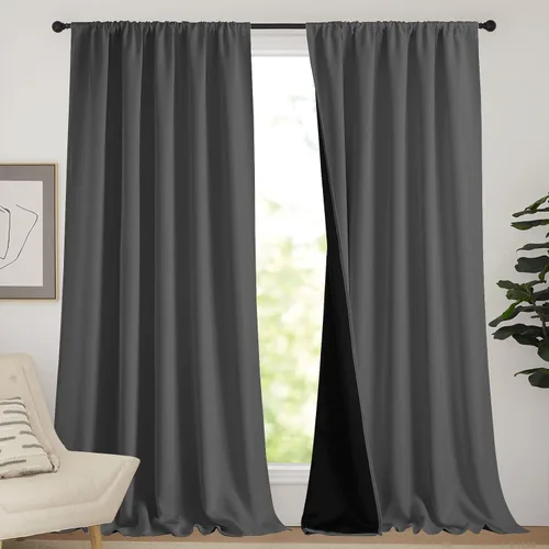 Vista 120 de NICETOWN Biscotti Beige 100% Cortinas opacas de 45" de largo para cocina, bolsillo con varilla para sótano completamente opaco, cortinas térmicas