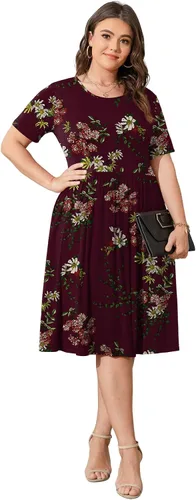 Vista 3 de POSESHE Vestido de verano para mujer, talla grande, 2023, casual, manga corta, cintura imperio, ajuste holgado, vestido de camiseta con bolsillos