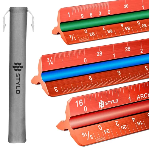 Vista 13 de Stylo Regla de escala de arquitecto de aluminio de 12" con grabado láser, regla triangular de dibujo, ranuras codificadas por color para planos, Gris