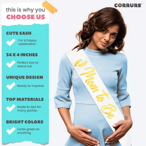 Vista 3 de CORRURE Banda para baby shower para niño o niña, banda con la frase "Mom to Be" con hermosa cinta blanca y texto dorado - Ideal para revelación