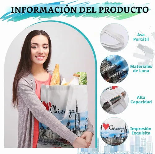 Vista 2 de Bolsas de lona Chicago de 9 piezas, regalo de recuerdo, bolsa de compras para regalos de viaje