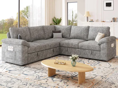 Vista 2 de Sofá modular de 85 pulgadas con cama extraíble, sofá modular de 5 asientos en forma de L con almacenamiento, sofás seccionales para sala de estar