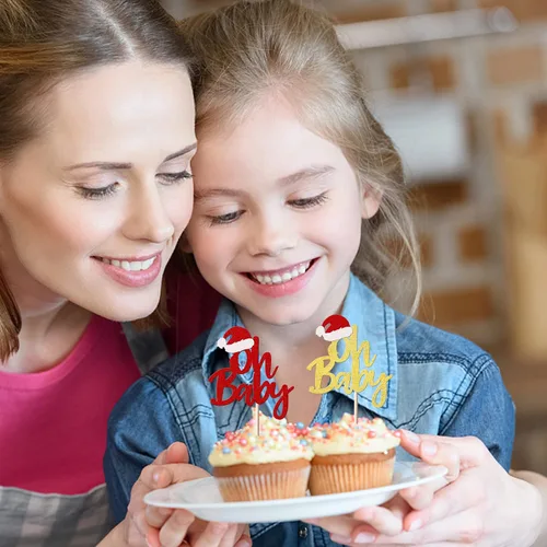 Vista 5 de Rsstarxi Paquete de 24 Adornos para Cupcakes Oh Baby de Navidad con Purpurina, Sombreros de Navidad, Palillos para Cupcakes de Baby Shower para Baby