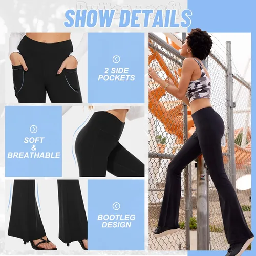Vista 46 de TNNZEET Leggings acampanados negros para mujer, pantalones de yoga cruzados con bolsillos, corte de bota, leggings acampanados