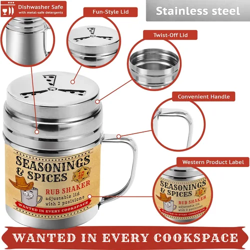 Vista 3 de CUSINIUM Coctelera de especias de condimentos de 10 onzas, coctelera para barbacoa en seco, draga de cocina con tapa y mango ajustables