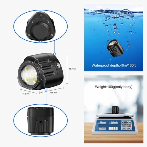 Vista 2 de Seafrogs - Luz LED de video para buceo, impermeable, 130 pies/131.2 ft, blanco, rojo, azul, luces de relleno de cámara con cabezal de bola de 1/4