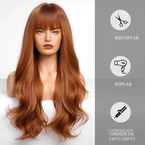 Vista 4 de HAIRCUBE - Peluca castaña con flequillo para mujer, peluca larga ondulada rizada para mujer, pelucas sintéticas onduladas rizadas para niñas, de 26