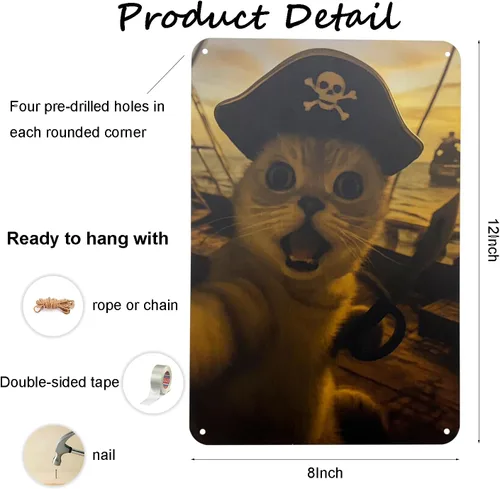 Vista 3 de Ydeaom - Divertido arte de pared de metal con diseño de gato, letrero de hojalata vintage con marco retro, póster de animales caprichosos para bar