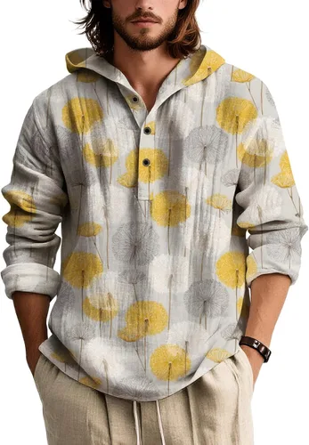 Vista 15 de Sudadera con capucha con estampado bohemio para hombre, de otoño, a la moda, con un cuarto de botón, manga larga, holgada, con capucha, de gran
