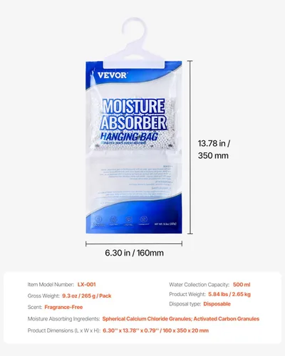 Vista 7 de VEVOR Absorbedor de humedad colgante, bolsas deshumidificadoras colgantes de armario de 9.3 onzas (10 paquetes), bolsas de humedad sin fragancia