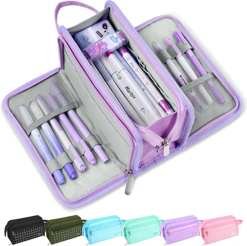 Vista 16 de Sooez Estuche grande para lápices, bolsa para lápices de gran capacidad con 3 compartimentos, organizador portátil de artículos de papelería de lona