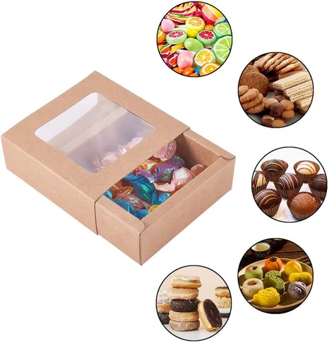 Vista 6 de BENECREAT Paquete de 20 cajas cuadradas de papel kraft de 3.5 x 3.5 x 1.2 pulgadas, caja de cajón con tapa de ventana de PVC para fiesta de Marrón