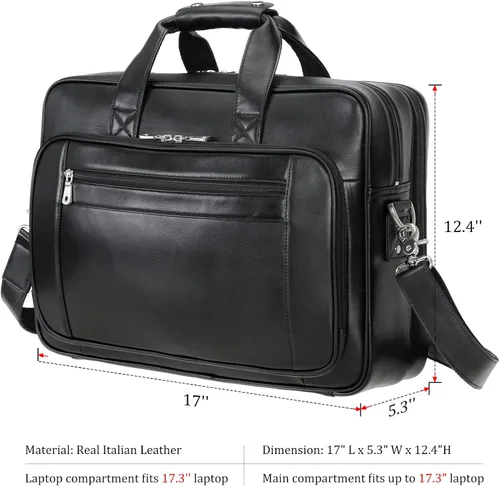 Vista 6 de Maletín para portátil de 17.3 pulgadas de cuero de grano completo sólido grueso para hombre, bolsa de mensajero clásica para viajes de negocios