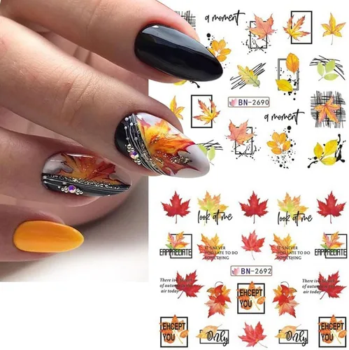 Vista 6 de 500 patrones de calcomanías de uñas de otoño para mujer, calcomanías de agua de dibujos animados, calabaza, hongo, hoja de arce, calcomanías