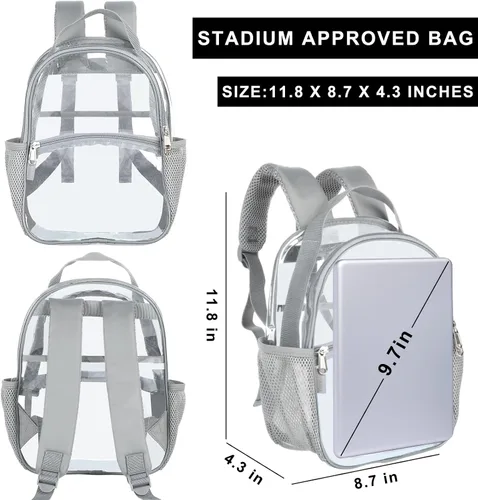 Vista 2 de Mochila de plástico transparente aprobada para estadios, perfecta para el trabajo, escuela, viajes, Gris, Compacto