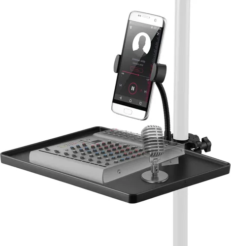 Vista 2 de Bandeja de soporte para micrófono 2 en 1 con soporte para teléfono, bandeja de soporte de micrófono de abrazadera ajustable en altura con abrazadera