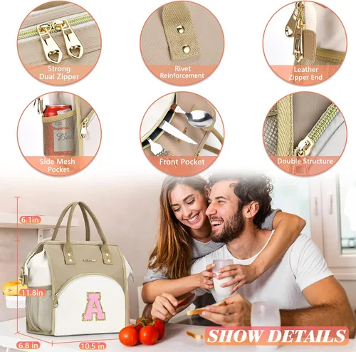 Vista 4 de UTOTEBAG Lonchera con iniciales para mujeres, adolescentes y niñas, lonchera para adultos, contenedor refrigerante para el trabajo, picnic, regalos