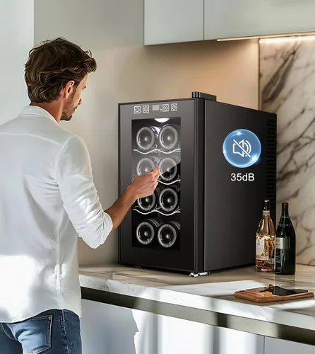 Vista 7 de Mini enfriador de vino de 8 botellas, refrigerador de bebidas con enfriamiento rápido, gabinete de vino termoeléctrico bodega para mujeres, hombres