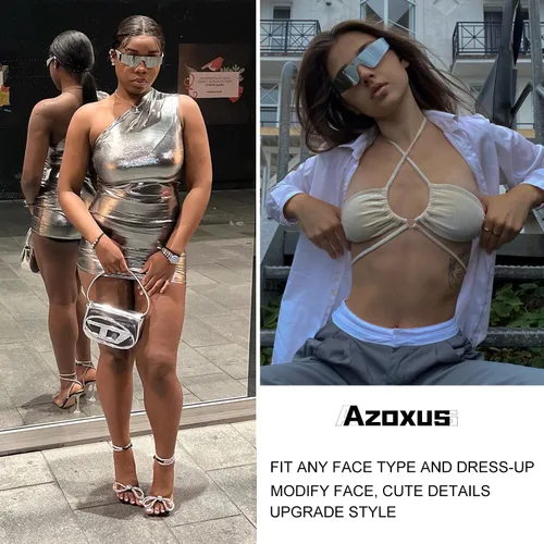 Vista 3 de Azoxus Gafas de sol envolventes sin montura para mujeres y hombres Cyberpunk Y2k, gafas futuristas con espejo AZ9597