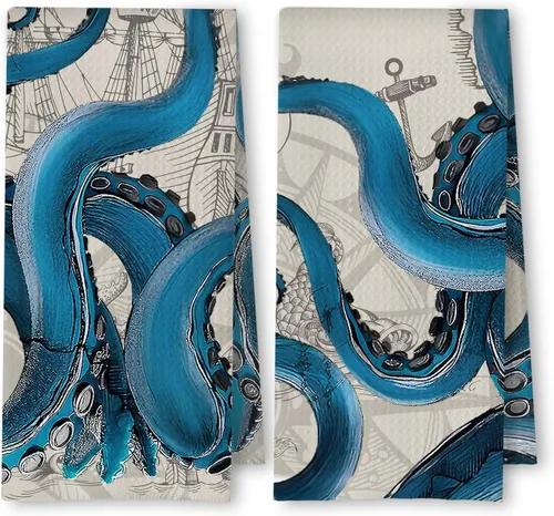 Vista 15 de Toallas de mano de playa costera con diseño de medusa, pulpo, caballito de mar y tortuga para baño, juego de 4, toallas de cocina de playa costera