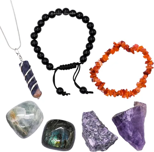 Vista 11 de Amazing Gemstone Aquarius Gifts - Kit de cristal del zodiaco para mujeres y hombres, juego de piedras curativas de lepidolita, pulseras de granate
