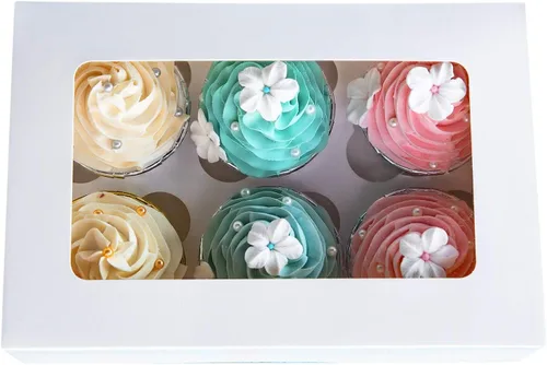Vista 9 de ONE MORE Cajas para cupcakes con insertos para 6 soportes, cajas grandes de panadería estándar blancas de 9.5 x 6.3 x 3 pulgadas con ventana