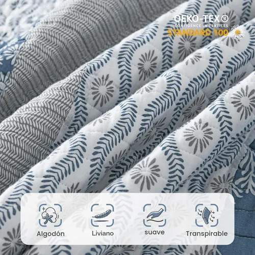 Vista 4 de Y-PLWOMEN - Juego de cama Queen con edredón/cubrecama de algodón 100% ligera, reversible, floral, rústico, para todas las estaciones Azul/Blanco/Gris