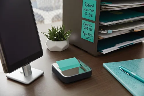 Vista 6 de Dispensador de notas Post-it con notas Post-it emergentes, base negra con parte superior de acero, 1 bloc de notas superadhesivas Aqua Splash de 3 x