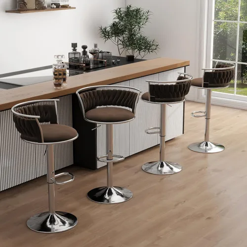 Vista 47 de Juego de 2 taburetes de bar giratorios de 360°, silla de bar de terciopelo ajustable a altura de mostrador moderna, taburete de metal plateado