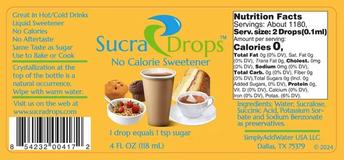 Vista 2 de Edulcorante líquido Sucradrops Premium sucralosa, incluye botella tamaño de viaje