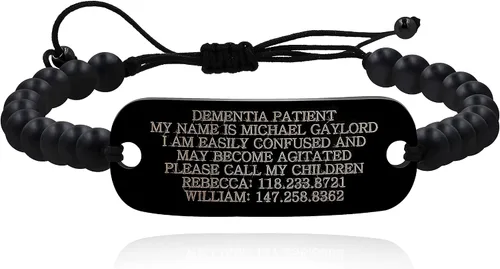 Vista 2 de Pulsera de identificación de demencia grabado láser oscuro personalizada hecha a mano color negro mate para hombres y mujeres Acero inoxidable Ónix