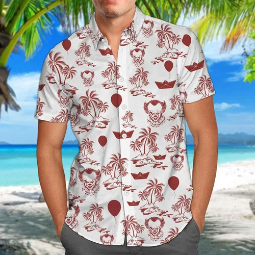 Vista 3 de HUNTFAMI Camisa hawaiana de película de miedo, personajes de películas de terror, camisa casual con botones, regalos para Halloween, regalos