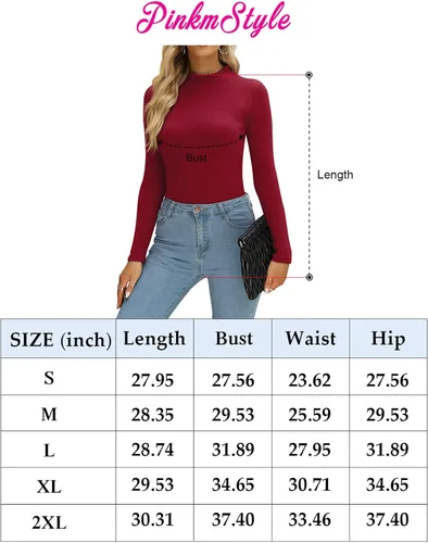 Vista 5 de PINKMSTYLE Body de manga larga con volantes y cuello alto falso para mujer, diseño acanalado, ajustado, para negocios, casual