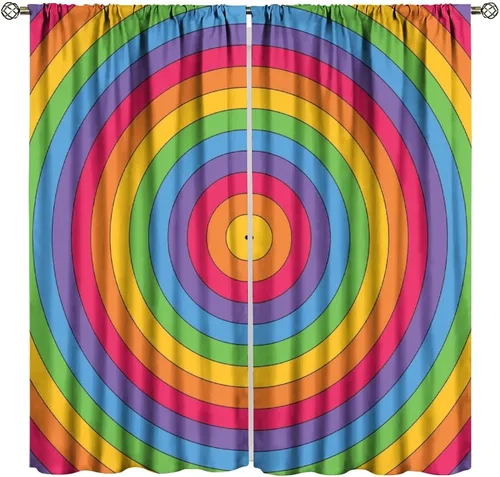 Vista 24 de Cortinas opacas abstractas de arco iris, pintura de color arcoíris con gotas, diseño gráfico creativo con bolsillo para barra, para sala de estar