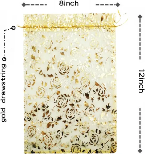 Vista 2 de 8 x 12 pulgadas 100 bolsas de flores de corazón con cordón de organza bolsa de regalo de joyería bolsa de dulces con cordón de regalo de boda