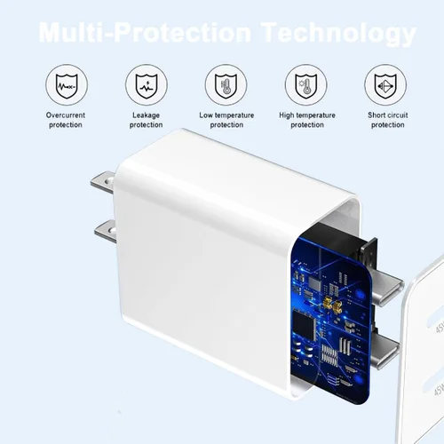 Vista 3 de Cargador súper rápido USB C de 45 W, paquete de 2 bloques de carga dual USB C para iPhone con cable trenzado tipo C a C de 3.3 pies de carga rápida