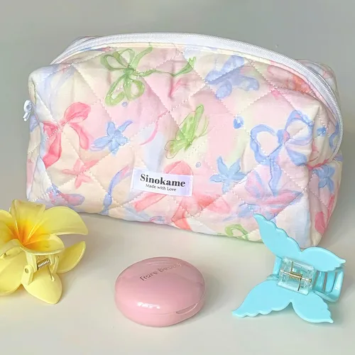 Vista 2 de SINOKAME Bolsa de maquillaje acolchada de algodón, pequeña, con lazo de coqueta, bolsa de cosméticos estética, bolsa de almacenamiento de viaje