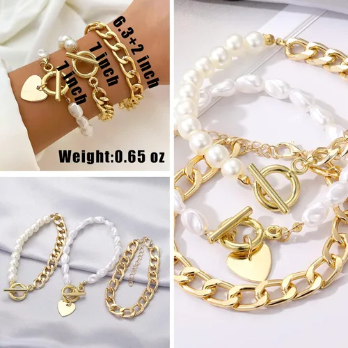 Vista 4 de IFKM 6 PACK (24 PCS) Boho Gold Chain Bracelets Set for Women Girls, 14K Gold Plated Multiple Layered Stackable Open Cuff Wrap Bangle Adjustable Link