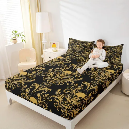 Vista 6 de Sábanas de cama góticas de damasco para adultos, sábana bajera ajustable victoriana antigua, sábanas góticas florales vintage, juego de ropa de cama