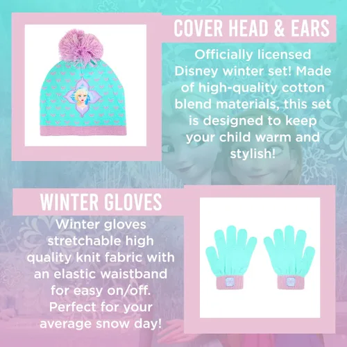 Vista 2 de Disney Frozen - Gorro de invierno para niñas y niños pequeños y guantes de nieve para niños Elsa y Anna con guantes de nieve