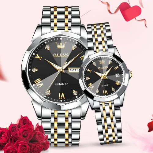 Vista 73 de OLEVS Juego de 2 relojes de cuarzo para parejas de San Valentín, calendario luminoso, ventana de fecha, 3 ATM, impermeable, casual, acero