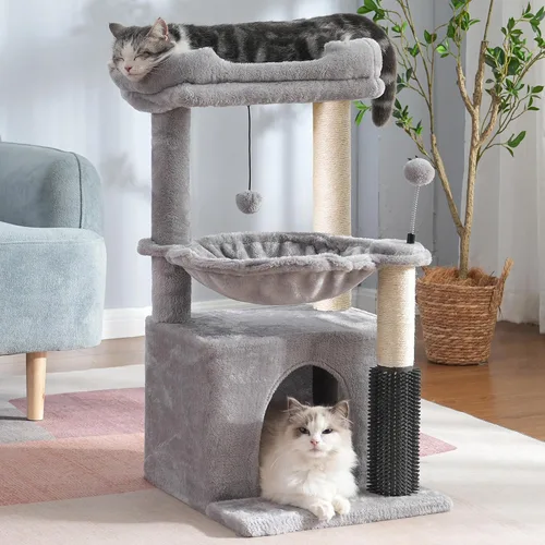 Vista 9 de Árbol para gatos pequeños de 32 pulgadas para gatos grandes, torre para gatos adultos con poste rascador, hamaca grande de 15.7 pulgadas y auto Beige