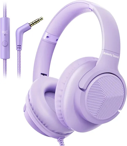 Vista 8 de Botesty Sound Auriculares con cable con micrófono, plegables sobre la oreja de 0.138 in con cable con cable de nailon sin enredos de 4.9 pies