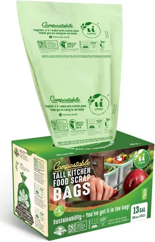 Vista 15 de Bolsas de basura compostables UNNI, 2.6 galones / 9.84 litros, 100 unidades, extra gruesas de 0.71 mil, forros para contenedores pequeños de restos