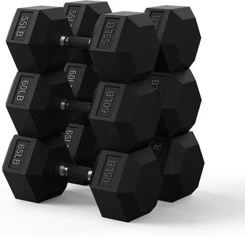 Vista 15 de PAPABABE Juego de mancuernas hexagonales de 45 a 550 libras, mancuernas de gimnasio en casa con revestimiento de goma, mancuernas para mujeres