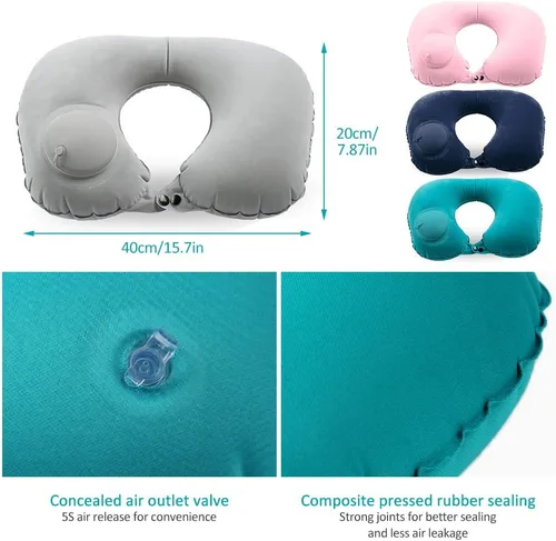 Vista 7 de 2 almohadas inflables de viaje, almohada inflable ajustable para el cuello, almohada inflable portátil en forma de U con máscara de ojos, tapón