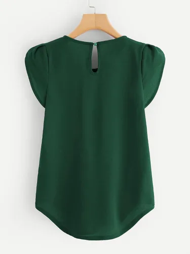 Vista 2 de Milumia Blusa de cuello redondo plisado para mujer, estilo casual y básico, con manga casquillo y abertura de cerradura en la espalda